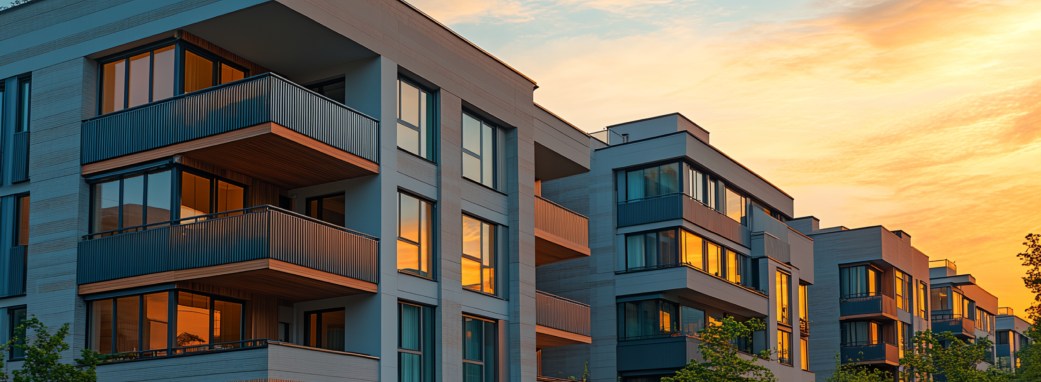 Résidence moderne avec balcons et grandes baies vitrées illuminée par un coucher de soleil