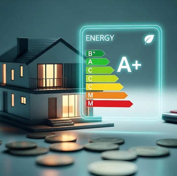Maquette de maison avec étiquette énergétique A+, illustration du diagnostic DPE