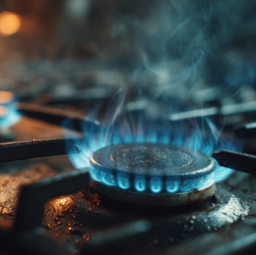 Brûleur à gaz allumé avec flammes bleues sur une cuisinière, diagnostic gaz immobilier
