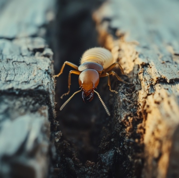 Termite soldat aux mandibules dans une fissure de bois, diagnostic térmites immobilier