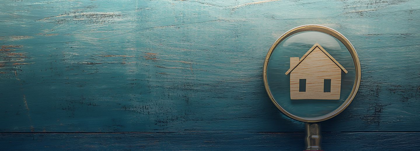 Loupe mettant en évidence une maison miniature en bois, symbole du diagnostic immobilier et de l’inspection d’un bien