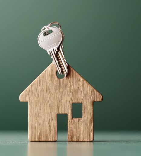 Maison miniature en bois avec une clé posée sur le toit, symbole de l’immobilier, de l’achat et de la remise des clés